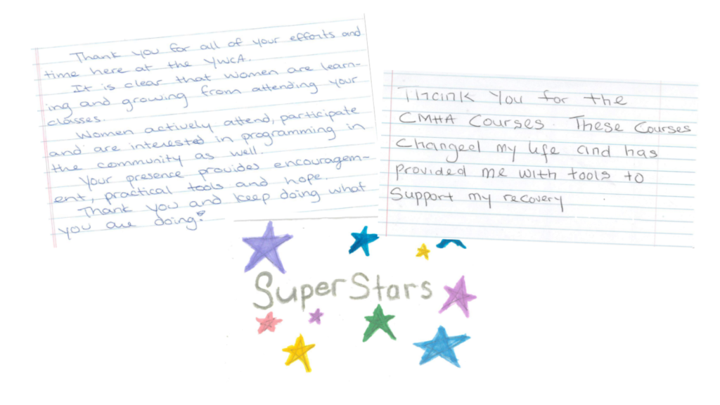 Residents of the YW Calgary Transitional Housing wrote handwritten messages to our facilitators about their experience taking the Recovery College courses.
