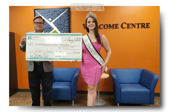 Cheque presentation in CMHA Calgary's Welcome Centre with Community Champion, Miss Alberta 2023