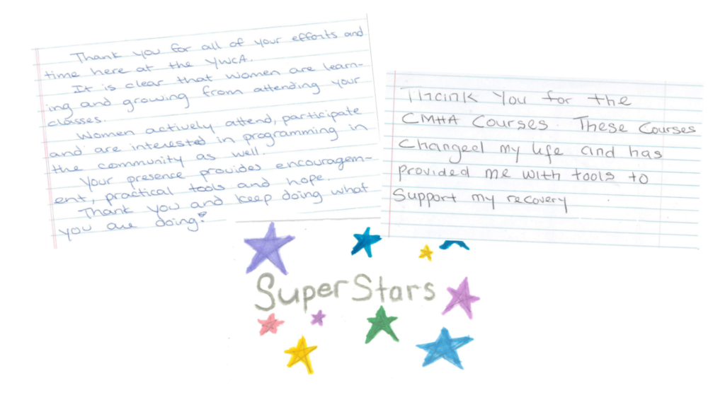 Residents of the YW Calgary Transitional Housing wrote handwritten messages to our facilitators about their experience taking the Recovery College courses.