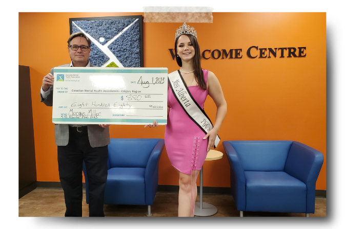 Cheque presentation in CMHA Calgary's Welcome Centre with Community Champion, Miss Alberta 2023